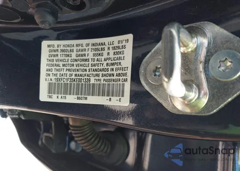 2019 Honda Civic Ex from USA, damaged, VIN 19XFC1F35KE001339